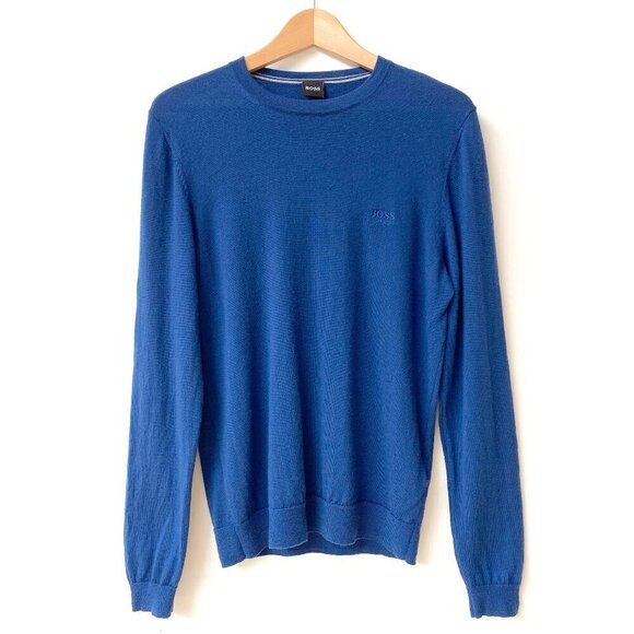 BOSS Hugo Boss 100% Wool Blue Crewneck Sweater Size S Soft Logo Preppy Classic - Picture 1 of 11